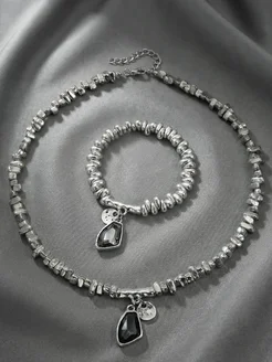 Набор Браслет и Ожерелье с крупным черным камнем
