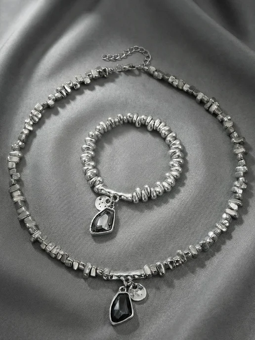 Набор Браслет и Ожерелье с крупным черным камнем